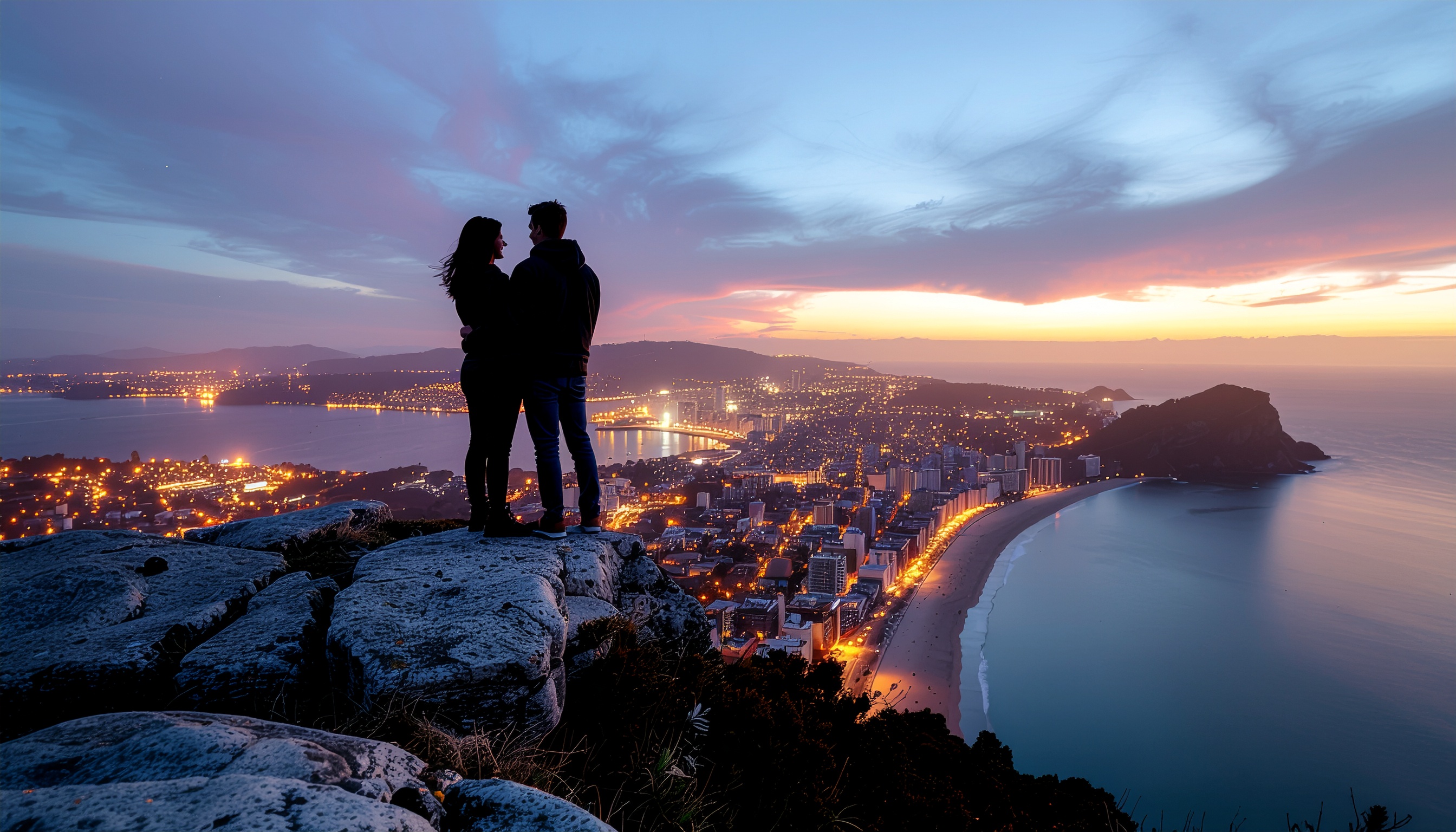 Couple Enjoying Panoramic View of Coastal City at Sunset